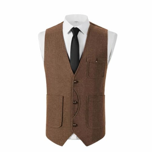 Solovedress Mens Vintage Wool 3 Real Pockets Suit Vest V Neck Tweed Waistcoat for Wedding Groomsmen