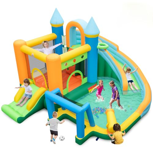 GOPLUS Château Gonflable Enfant, Aire de Jeux Enfants 3-10 Ans avec Piscine, Toboggans Doubles, Mur d'escalade, Canon à Eau, Basket-Ball, Football, Balles Océaniques Charge 90KG
