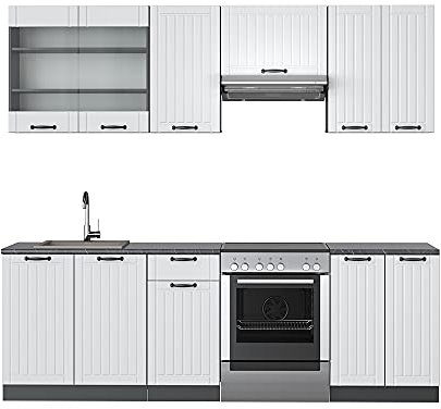 Vicco Küchenzeile Fame-Line, Küchenblock, Weiß Landhaus/Anthrazit, 240 cm, AP Eiche
