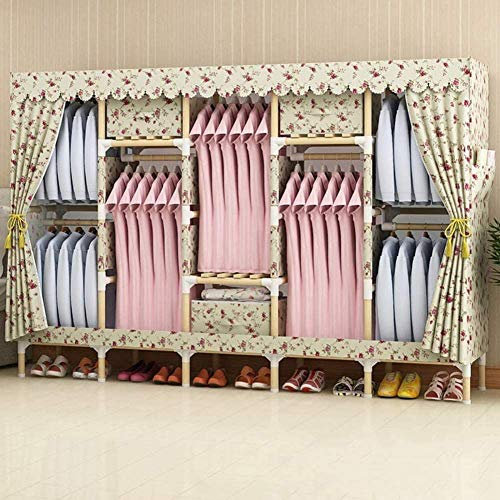 Canvas Garderoben Tragbarer Kleiderschrank, mit Reißverschluss und Kleiderstange, einfache Installation, Staubschutz, für Schlafzimmer, Wohnzimmer, Kleidung, Schuhe,E