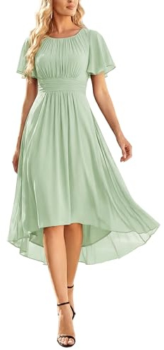 Ever-Pretty Women's Chiffon Crew Neck Pleated Waist Short Sleeve Knee-Length Wedding Guest Dress - A-Line, Plus Size 3X (US 26-28), Solid, EG02053