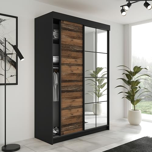 KIER FURNITURE Schiebegarderobe LAMARO mit Spiegel - Schrank Schlafzimmer - Schlafzimmerschrank - Wardrobe Bedroom - Kleiderschränke - Kleiderschrank - 138x205x59 - Schwarz & Old Style