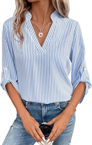 YUTILA Chemisier pour femme - Col en V - Manches 3/4 - Rayé/uni - Manches longues - Élégante tunique décontractée - T-shirt long, bleu clair, XL