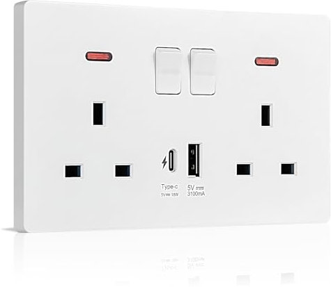 Ainiv Double Plug Socket, Switched Wall Socket with Charge Type A and Type C USB Charging Ports, Electrical Power Outlets 2 Gang 13A Twin Electric Double Sockets, White
