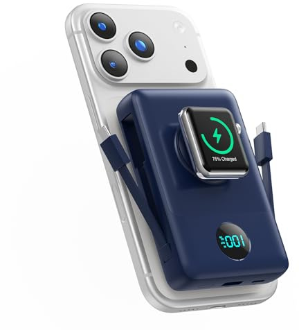 Magnetic Power Bank 10800mAh for iPhone with Built-in Cables, 6-in-1 Wireless Portable Charger with iWatch Charger, 25W PD Fast Charging Battery Pack for iPhone 16/15/14/13/12, Apple Watch (Blue)