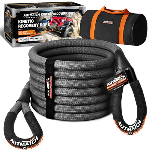 AUTMATCH Kinetic Recovery Abschleppseil, 2,2 cm x 9,2 m, robustes Energierückgewinnungsseil, 15875 kg, 35 % Elastizität, Offroad-Schnappgurt für Geländewagen, LKW, Anhänger, ATV, UTV, Grau