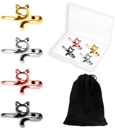 YUXIANLB 4 Stück Häkelringe Verstellbare Metall Garnspannungsringe für Fingerhäkeln Katzenstricknadeln Fingerhüter mit Box & Aufbewahrungstasche DIY Bastelprojekt Thanksgiving Geschenke A