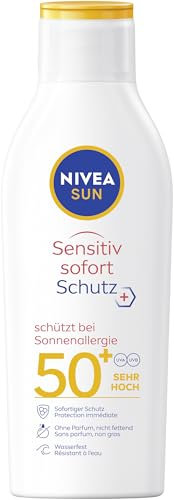 NIVEA SUN Sensitiv Sofortschutz Sonnenlotion LSF 50+, Sonnencreme mit LSF 50+ für empfindliche Haut, wasserfester & duftfreier Sonnenschutz bei Sonnenallergie (200 ml)