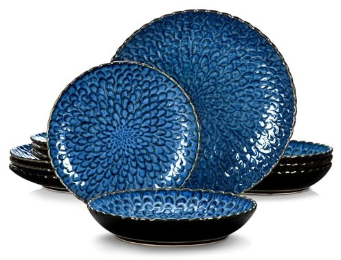 LYHYDMA Vajillas Completas Vajilla de cerámica de 12/24 Piezas Vajilla de cerámica Texturizada Juego Combinado Servicio for 6/12 Personas para Cocina Comedor(Blue,12 pcs)