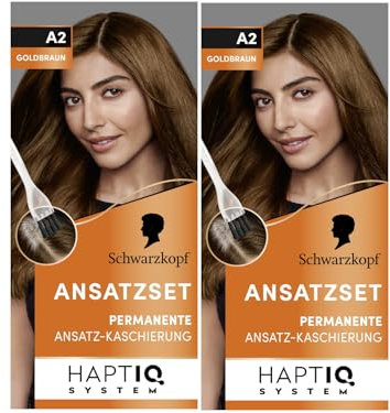 Schwarzkopf Ansatzset A2 Goldbraun Stufe 3 (2x 44,5 ml), dauerhafte Haarfarbe zum Haaransatz kaschieren in nur 10 Minuten, Ansatzfarbe für harmonische Übergänge