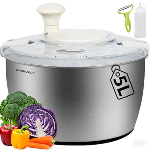 Centrifugador de ensalada XXL de acero inoxidable, 5 L, con pelador y botella aplastada, apto para lavavajillas, ideal para lavar y secar ensalada