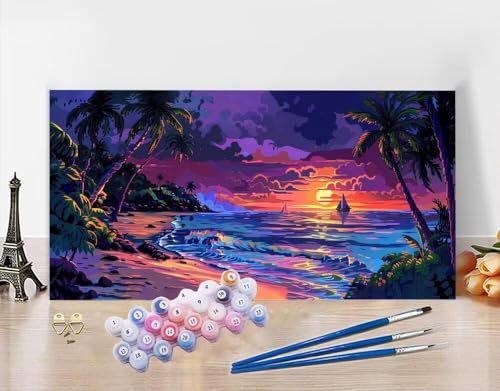 Malen Nach Zahlen Erwachsene Sonnenuntergang DIY Bastelset Erwachsene Frauen Malen nach Zahlen Meer mit Pinsein und Acrylfarbe,Paint by Numbers Anfänger Handgemalt Ölgemälde Kit für Deko 70x140cm N5-4