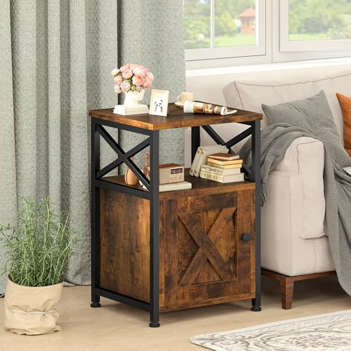 DWVO Side Table, X-Shaped Design with Storage Cabinet, 2 USB ports, and Power outlets. Metal Frame, Rustic Brown, 40x35x60cm, Used as a Bedside, Sofa, or Coffee Table for Living Rooms or Bedrooms