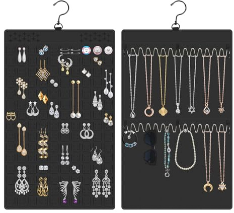EEEKit Hanging Earring Organizer, Dual Sided Hanging Jewelry Door Organizer with 300 Slots and 2 Wave-Shaped Hooks, Large Jewelry Roll for Earrings Necklaces Pins