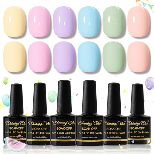 Shining She Esmaltes Semipermanentes para Uñas Gel UV LED, 6 Colores Primavera Verano Pastel Rosa Morado Azul Amarillo Verde Pintauñas Semipermanentes para Novato Nail Salón DIY,8ML