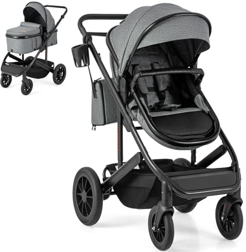 Maxmass Baby Pushchair, 3-in-1 Foldable Infant Stroller with Reversible Seat, Detachable Bassinet, Diaper Bag, Adjustable Canopy & Handle, Newborn Travel Buggy for 0-3 Years Old (Gray)