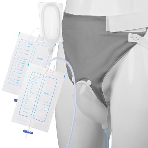 Wearable Urine Collector with External Catheter for Men, Silicone Urine Catching Capsule with Breathable Fixing Pants, 1000ml and 2000ml Urinary Bags for Day and Night Use, Elderly Grey