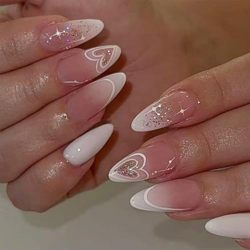 TESGADGETS 24 Stück Press-on-Nägel Mandel-Kunstnägel Herz-Design-Stücke mit Glitzer-Design Rosa Weiß vollständige Abdeckung künstliche Stücke French Medium wiederverwendbare Klebenägel