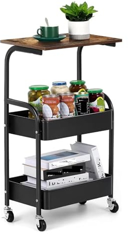 Carrello da cucina Carrello da cucina Carrello da cucina a 3 ripiani, Carrello portaoggetti da 16,54 con ruote, Carrello da cucina con tavolo in legno su ruote
