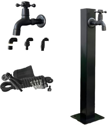 Fontana da giardino in acciaio inossidabile per esterni con rubinetto, fontana d'acqua a colonna, ingresso terra/laterale, design nero moderno, decorazione da giardino per cortile, patio e paesaggio