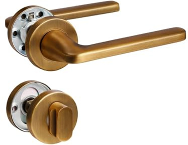 SORWDUERM 2 paires de poignées de porte en laiton antique, acier inoxydable brossé mat, ensemble de poignées pour d'entrée et porte intérieure,forme en L,rosace ronde,WC