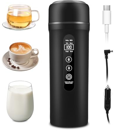 Bollitore elettrico per auto da 12V/24V, piccolo bollitore elettrico per acqua da viaggio, bollitore portatile per auto da 500 ml per preparare caffè e tè, display LCD, tazza riscaldante(Black)