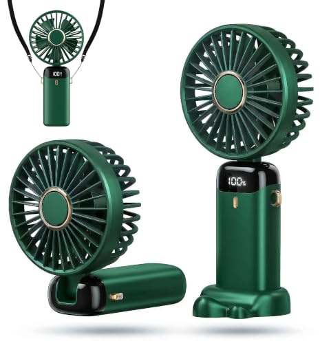 HomlyPro Handheld Fan, 5000mAh Battery-Operated Portable Fan with LED Display, 5 Speeds Strong Airflow & 90° Foldable Design, Small Desk Fans for Home Office Outdoor Travel Essentials (Green)