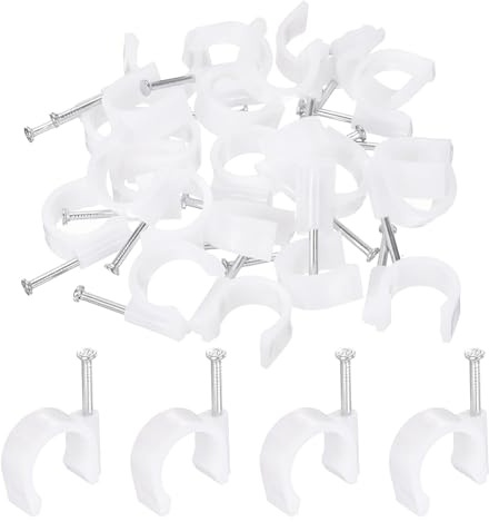 QUARKZMAN 50 Piezas De Grapas Para Cable Con Clavo De 20mm Circulares Tipo J Con Medio Abrazadera Para Sujetar Cables Ethernet Coaxial Tubos Pex En Pared, Color Blanco