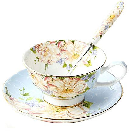 SudaTek Gift Set Vintage Fine Bone China Tea Cup Spoon and Saucer Set Gold Trim Fine Dining and Table Décor (Blue Rose)