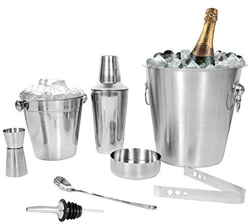 Kosma - Juego de 8 piezas de cóctel de acero inoxidable: coctelera de 500 ml, cubeta de champán, cubitera, jigger, cuchara mezcladora, cenicero, caño para vino, pinzas para hielo de 5.5 pulgadas