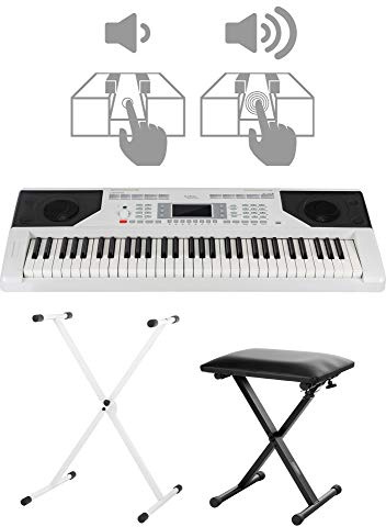 FunKey 61 Edition Touch weiß Set inkl. Keyboardständer + Bank, LC-Display | 61 anschlagsdynamische Standard-Keyboardtasten, 300 Sounds, 300 Rhythmen, 40 Demosongs, 8 Percussion-Pads, Effekte: Sustain