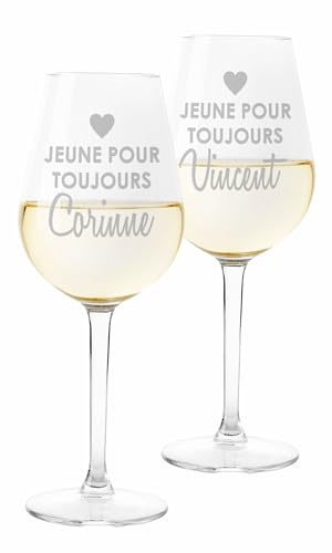 Colorfamily Paire de Verres à Vin Personnalisés - Set de 2 Verres avec Nom Papi Mamie Jeunes pour Toujours - Verre en Verre de 500 ml