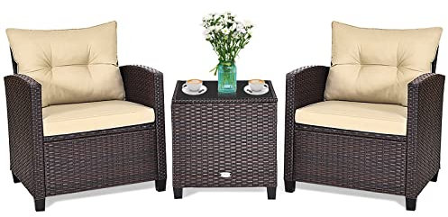 GIANTEX Rattan Gartenmöbel Set, Balkonmöbel Kleiner Balkon, Lounge Gartenmöbel Set, Balkon Möbel für 2 Personen, Gartenlounge Set 2 Sessel & Tisch, 3 tlg. Gartensitzgruppe inkl. Sitz- und Rückenkissen