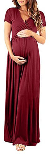 LANGWEI Vestido De Maternidad Maxi Algodón Verano Cuello En V Manga Corta Fiesta De Noche Informal Vestidos Largos,Rojo,L
