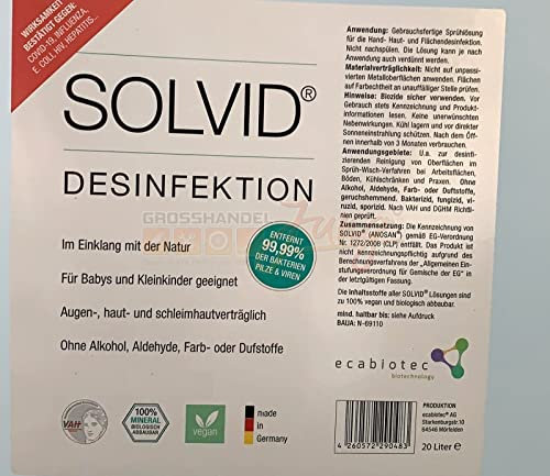 20 L Desinfektionsmittel für Oberflächen,Böden, Kühlschrank, Praxen, Arbeitsflächen Gewerbe und Privat, für Babys und Kleinkinder geeignet, ohne Alkohol, Augen/Haut/Schleimhautverträglich