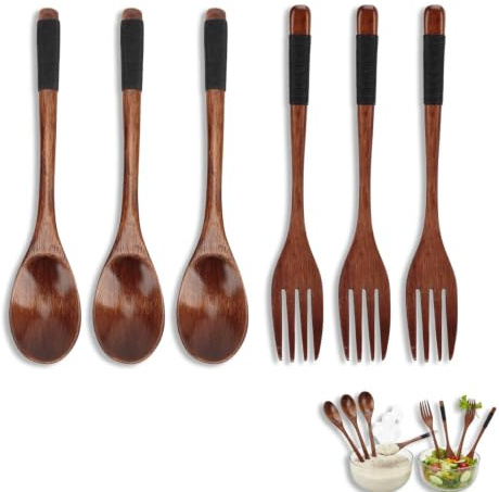 6 Stück Holz Besteck, Holzgabel, Wooden Spoon, Natürlich Hölzern Löffel Gabel Set, Lange Griff Japanisch Stil Besteck Set, Japanisches Holzbesteck Für Zuhause, Büro, Camping, Picknick, Reisen