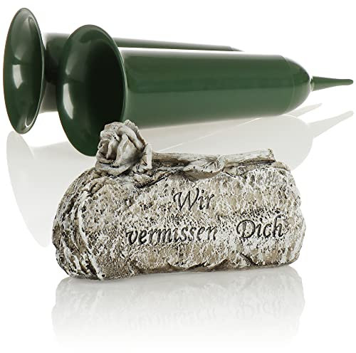 COM-FOUR® set di decorazioni per tombe in 3 pezzi - lapide commemorativa Wir vermissen Dich con vaso tombale - vaso da cimitero con picchetto - pietra da lutto con rosa (1 pezzo - rosa con 2x vaso)