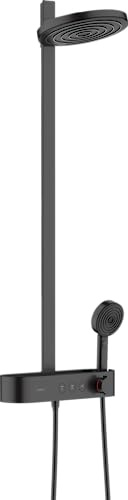 hansgrohe Pulsify S - Duschsystem med termostat, Regndusch (260 mm), Duschset med handdusch (3 stråltyper), duschslang, duschstång och rund huvuddusch (2 stråltyper), matt svart, 24240670