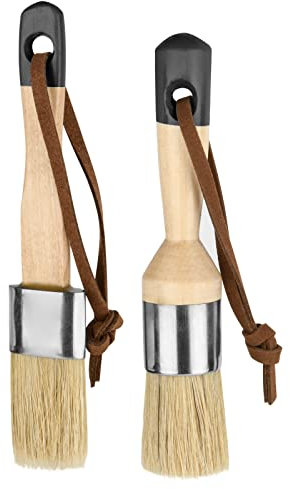 2 Pcs Chalk & Wax Paint Brush Furniture Cabinets,Painting or Waxing Bristle Stencil Brushes, Reusable Flat and Round Chalked Paint Brush for Wood Furniture Home DéCor (Black)
