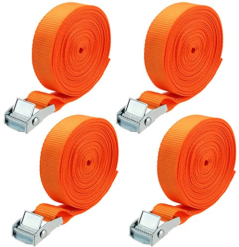 ZEONHEI Lot de 4 Sangles de Serrage de 7 m avec Serrure à Serrage, Sangle d'Arrimage pour Voiture, Porte-Arrière, Moto, Vélo Charge, Maximale 250 kg Orange, 2,5 cm de Large