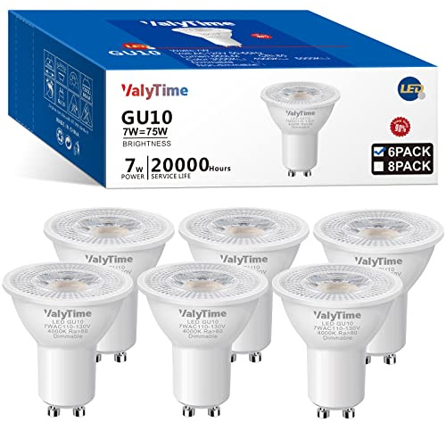 Valytime Dimmable GU10 LED Bulbs 7W(50W -60W-75W Equivalent) GU10 Light Bulbs Gu10 Shape Halogen Replacement Bulb 38°120V 650Lm for Track Spot Lighting Indoor Recessed,Natural White 4000K,6 Pack