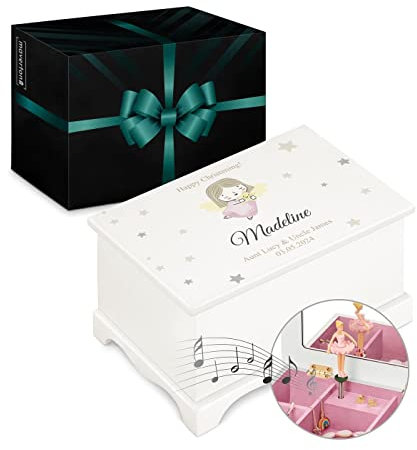 Maverton Personalised Ballet Dancer Music Box for Woman - Jewellery Treasure Box for Girls - White Wooden Case with Mirror - for Birthday - Overprinted Storage Box for her - Christmas Gifts - Stars