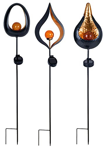 Solarleuchte Flamme Garten Solarstab für Außen Solar Deko für Außen mit Erdspieß und Flammeneffekt, Metall Glas, 1x LED, H 93 cm, 3er Set