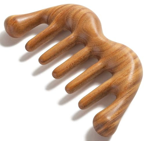 Moreinday Wide Tooth Comb for Thick Hair Detangling, Wooden Scalp Massager for Scalp Gua sha - Green Sandalwood