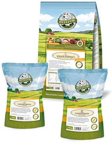 Bellfor Ausgesuchtes Fleisch und natürliche Zutaten Wiesen-Schmaus Kaltgepresstes 10 kg Trockenfutter mit Huhn und Truthahn Enten Fleischstreifen Gesunder Hundesnacks 2 x 100 g