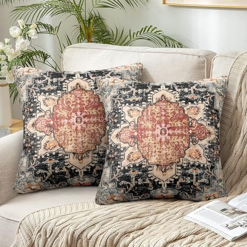 Chicamy 2er Set Bohemian Kissenbezüge 45 x 45 cm Doppelseitig Indian Boho Abstrakte Leinen Orange Kissenbezug Square Dekorative Kissenhülle Zierkissenbezüge Outdoor Kissen für Sofa Schlafzimmer