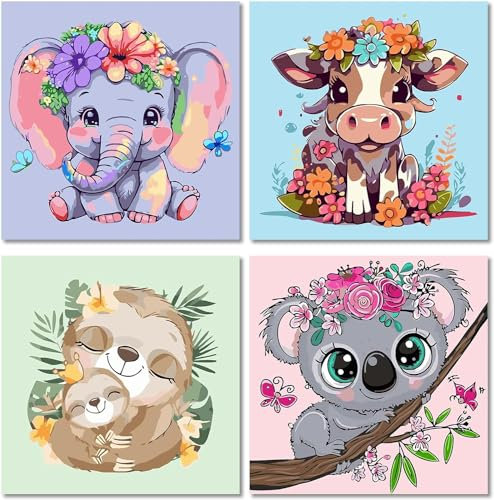 Aapxi Malen Nach Zahlen Erwachsene und Kinder - DIY Malen Nach Zahlen Acrylfarbe Bastelset Tiere,Das enthält Elefanten, Kühe, Faultiere,Koalas Malerei-Kits
