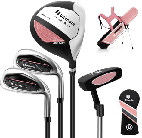 Goplus Junior Complete Golf Club Set for Kids, Right Hand Golf Clubs with Stand Bag, Rain Hood, Golf Practice Set for Ages 5-7,8-10,11-13 Boys Girls (Pink, Ages 8-10, 4PCS)