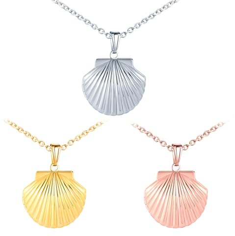 MICMIF 3 Colliers Personnalisé Médaillon en forme de Coquillage, Acier inoxydable Pendentif Coquillage Porte Photo Médaillon pour 2 Photo avec Chaîne 50cm Bijoux pour Femme Filles