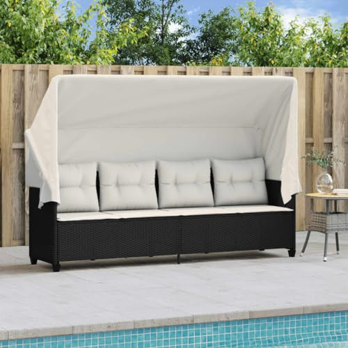 Faroom Gartensofa mit Sonnendach,Terrassensofa 3 Sitzer,Gartensofa Polyrattan,Loungebett,Outdoor,Gartenbett,Liegesofa,Relaxliege, Sonnenliege mit Dach Schwarz